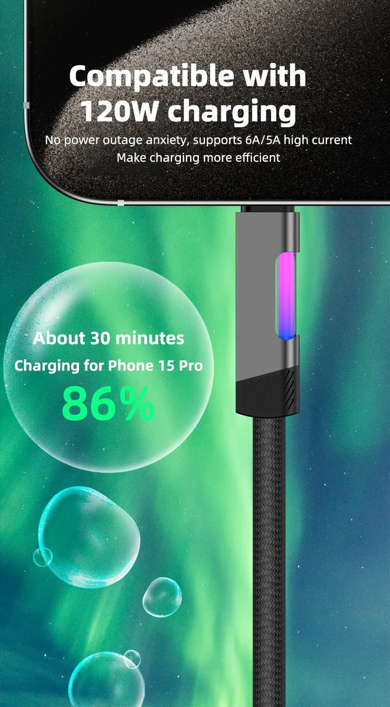 RGB Fast Charging Cable 120W 6A USB Type C Charge Cable with RGB Ambient Light