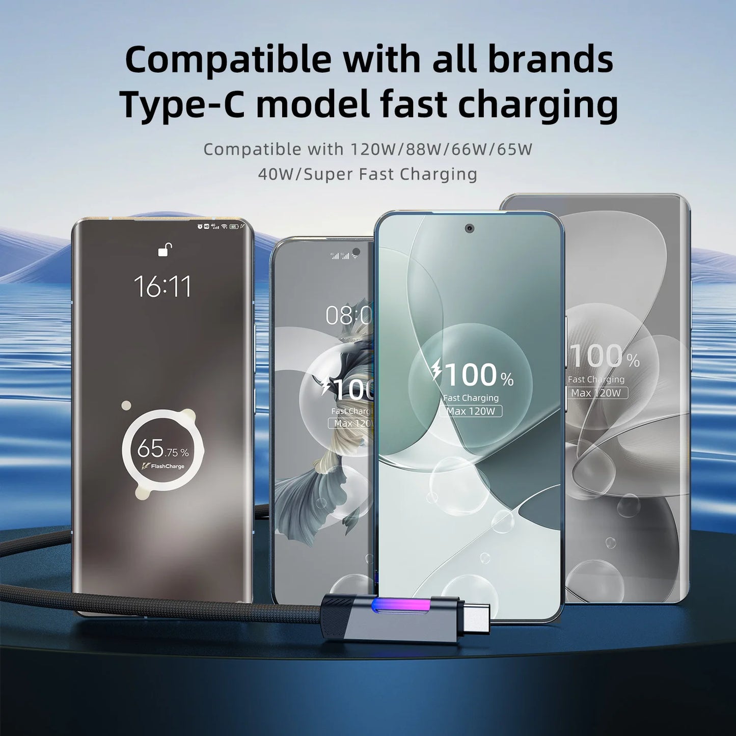 RGB Fast Charging Cable 120W 6A USB Type C Charge Cable with RGB Ambient Light