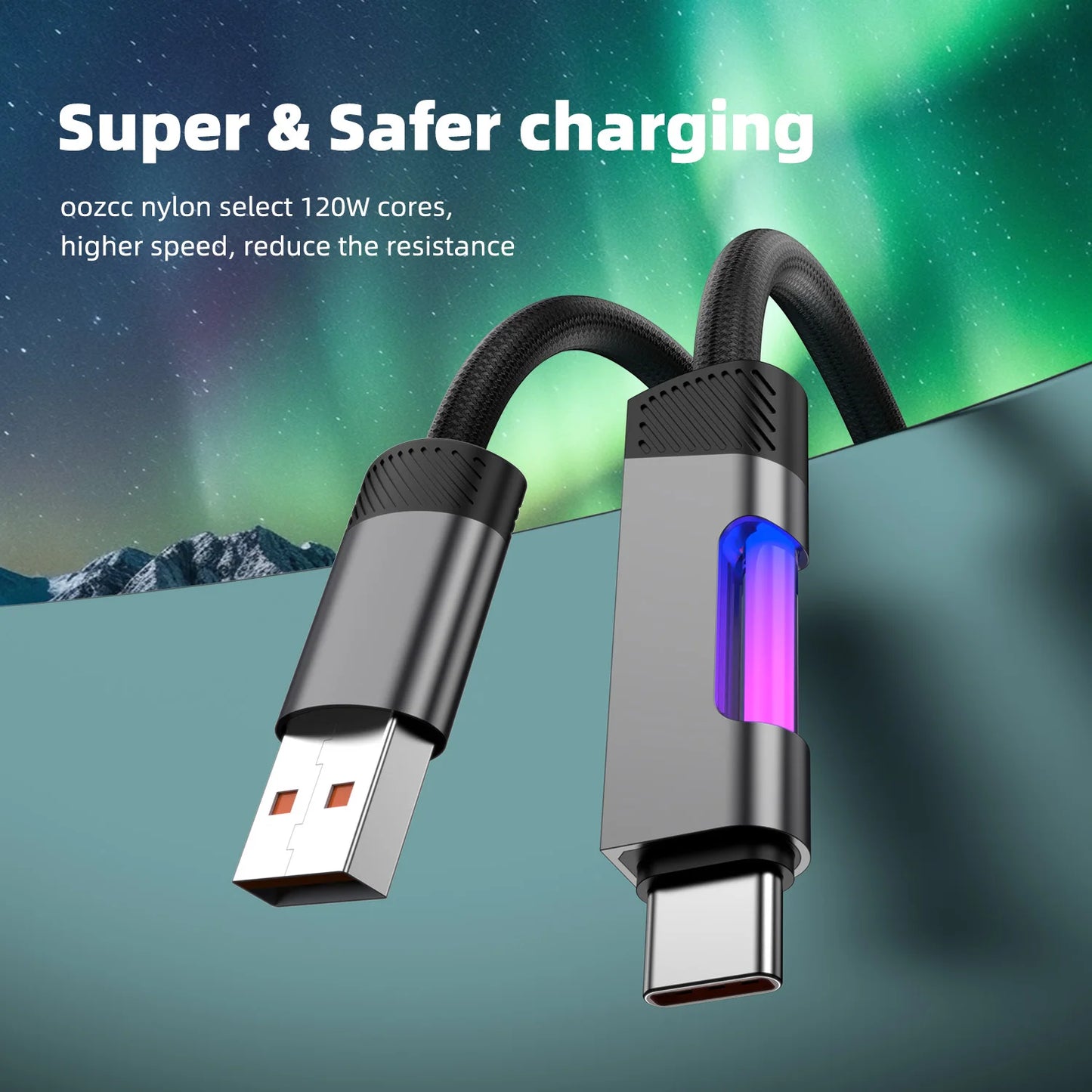 RGB Fast Charging Cable 120W 6A USB Type C Charge Cable with RGB Ambient Light